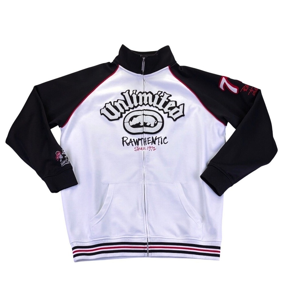 VTG Ecko Unltd Mens XXL Track Jacket White Black Rawthentic Rhino Full Zip Y2K